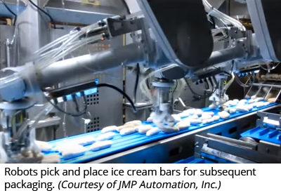 机器人挑选和放置冰淇淋棒，以便后续包装。(JMP Automation, Inc.提供)