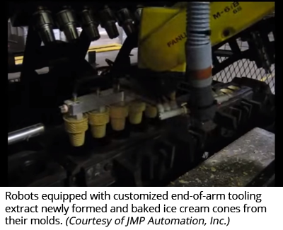 机器人配备了定制的臂端工具，从模具中提取新成型和烘烤的冰淇淋甜筒。(JMP Automation, Inc.提供)