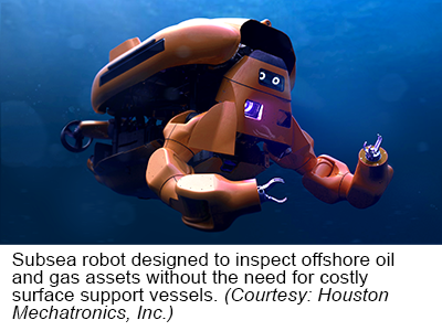 水下机器人用于检查海上油气资产，不需要昂贵的水面支持船。(提供:Houston Mechatronics, Inc.)