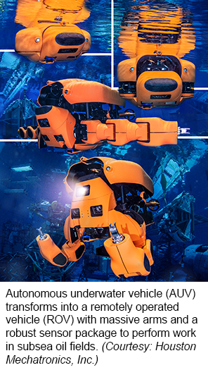 自主水下航行器(AUV)可以转变为具有巨大臂和强大传感器包的远程操作航行器(ROV)，在海底油田执行工作。(提供:Houston Mechatronics, Inc.)