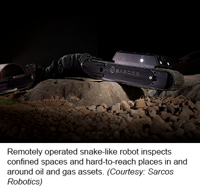 远程操作的蛇形机器人可以检查油气资产内部和周围的密闭空间和难以到达的地方。(来源:Sarcos Robotics)