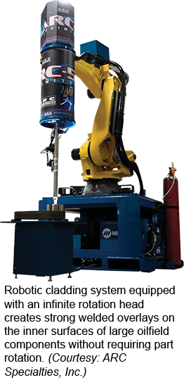 机器人覆层系统配备了无限旋转头，可以在大型油田组件的内表面形成牢固的焊接覆层，而不需要部件旋转。(提供:ARC Specialties, Inc.)