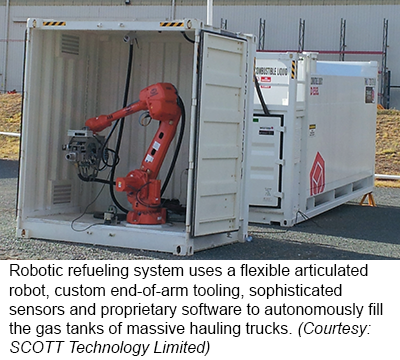 机器人加油系统使用灵活的铰接机器人、定制的臂端工具、复杂的传感器和专有软件来自动为大型运输卡车的油箱加油。(由史考特科技有限公司提供)