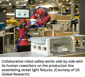 协作机器人在装配路灯设备的生产线上安全地与人类同事并肩工作。（由通用电气全球研究部提供）