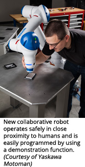 新的协作机器人安全地靠近人类，通过使用演示功能轻松编程。（由Yaskawa Motoman提供）