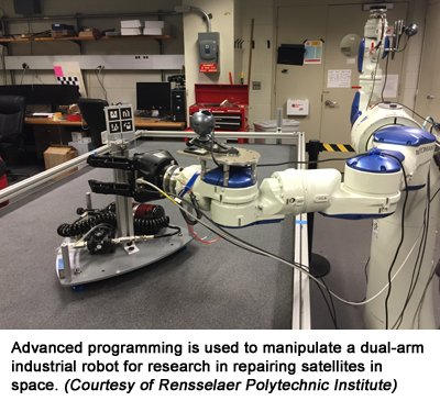 高级编程用于操纵双臂工业机器人，用于修复太空中的卫星。（由Rensselaer Polytechnic Institute提供）